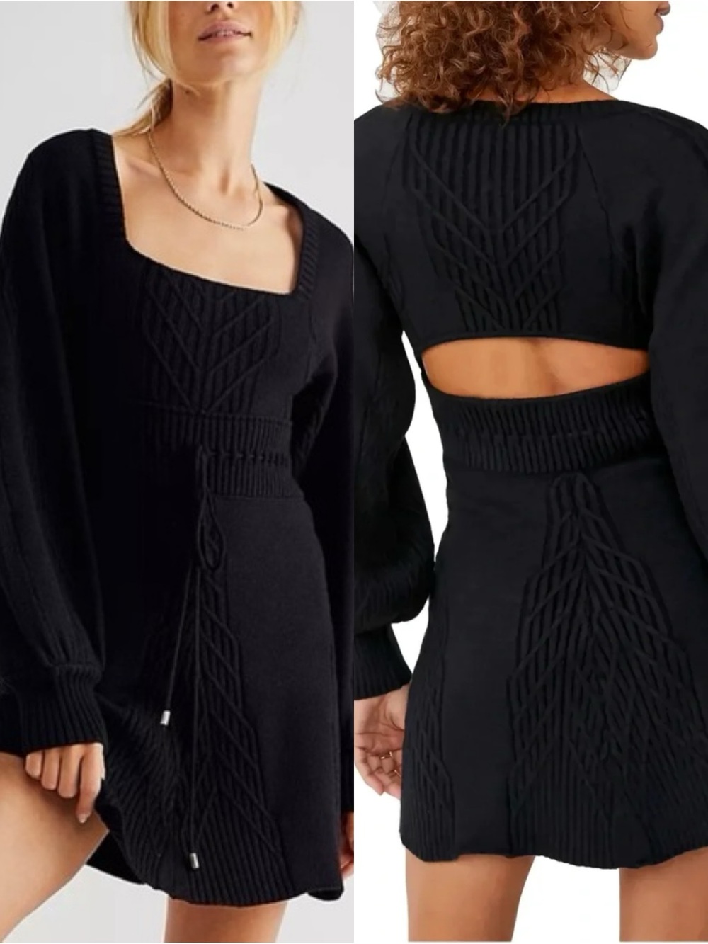 Free People Mini Dress Black Cable Knit Emmaline Long Sleeve Sweater size XS